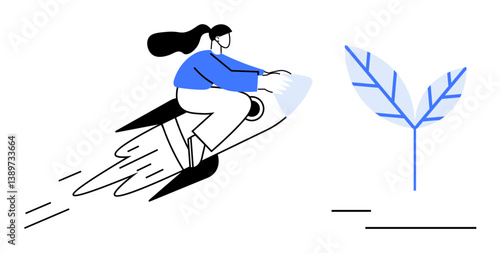 Woman flying on a rocket, embodying ambition and progress. A growing leaf suggests sustainability and innovation. Ideal for growth, success, creativity, ambition, innovation, sustainability startup