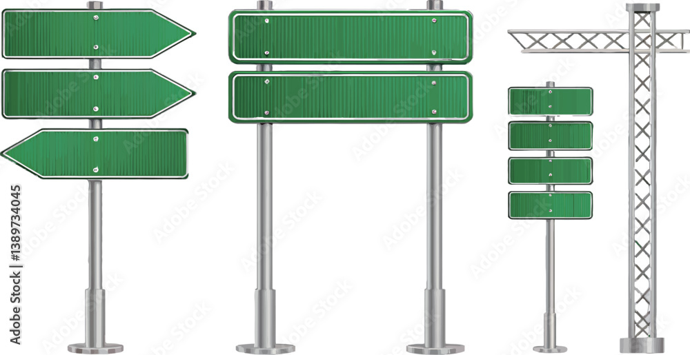 Various green road signs on metallic posts, indicating directions and locations.