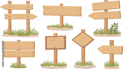 A collection of wooden signposts with varying shapes and directions.