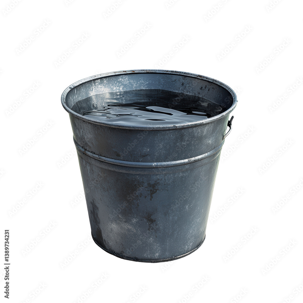 A weathered metal bucket filled with clear water. A weathered metal bucket filled with clear water.
