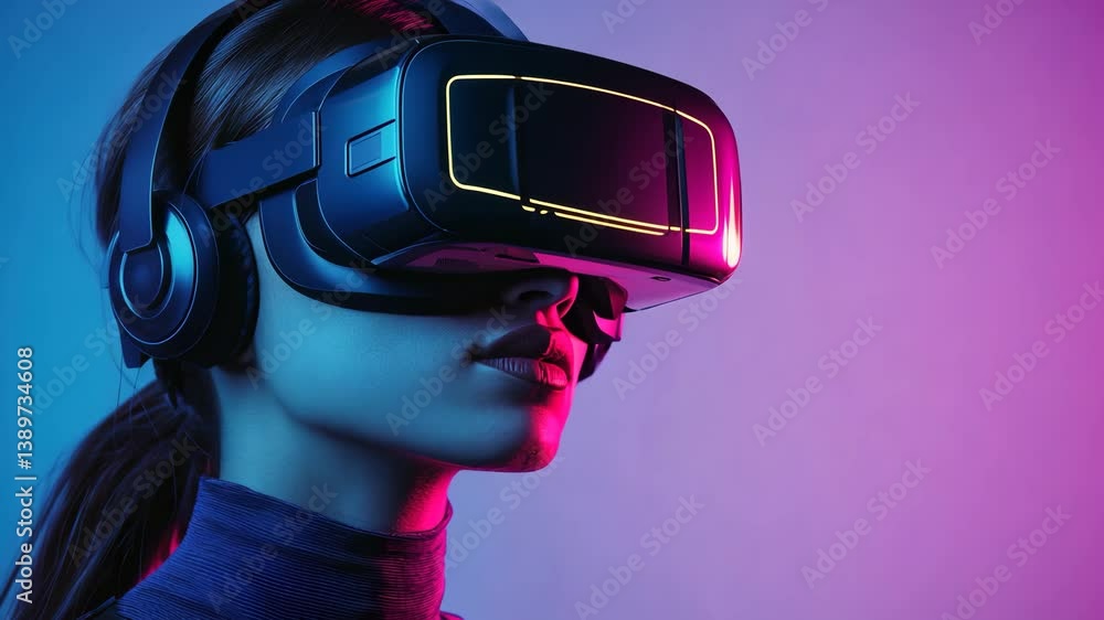 Woman using VR headset in colorful lighting, profile view Woman using VR headset in colorful lighting, profile view