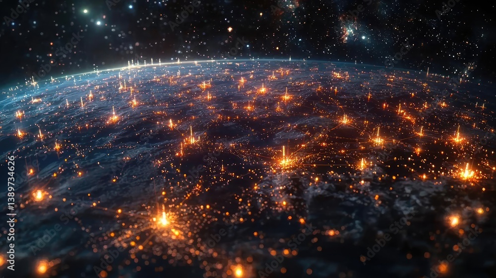 Naklejka premium Earth with glowing network representing digital technology concept. Aerial view of a connected world illuminated by bright lights.