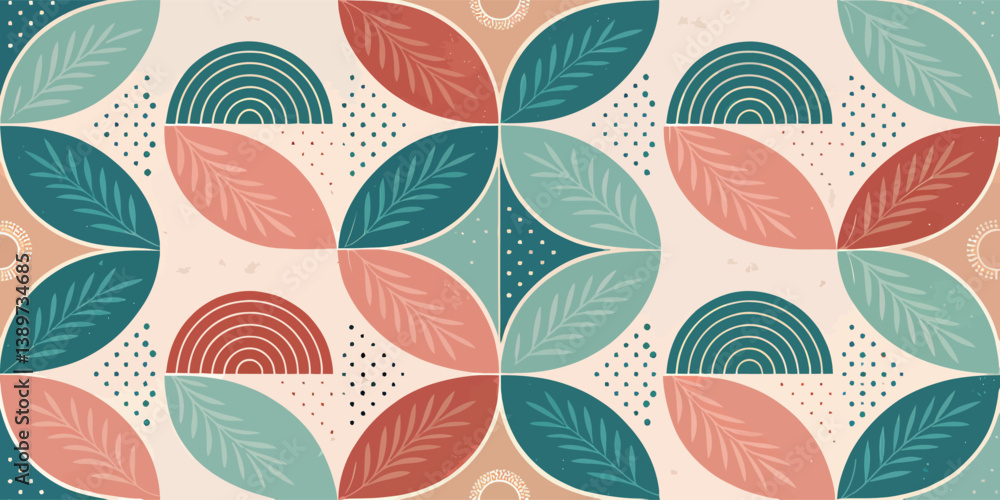 Fototapeta premium Colorful leaf and rainbow pattern in shades of teal, coral, and cream.