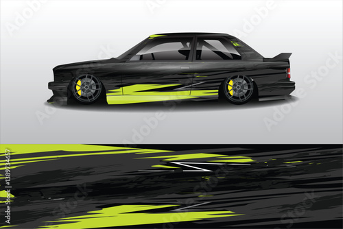 Sleek modified car with vibrant green and black design, showcasing custom wheels and low stance