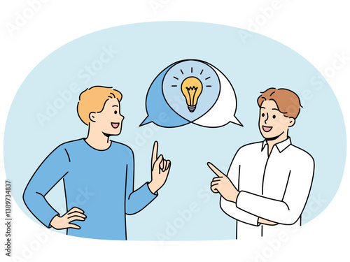 Man is doing joint brainstorming session, discussing ideas for making money, standing near speech bubbles with light bulb. Teamwork of student guys using brainstorming to find consensus