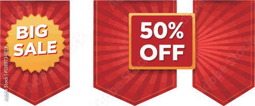 Eye-catching red sale banners promoting a big sale and 50% off discounts.