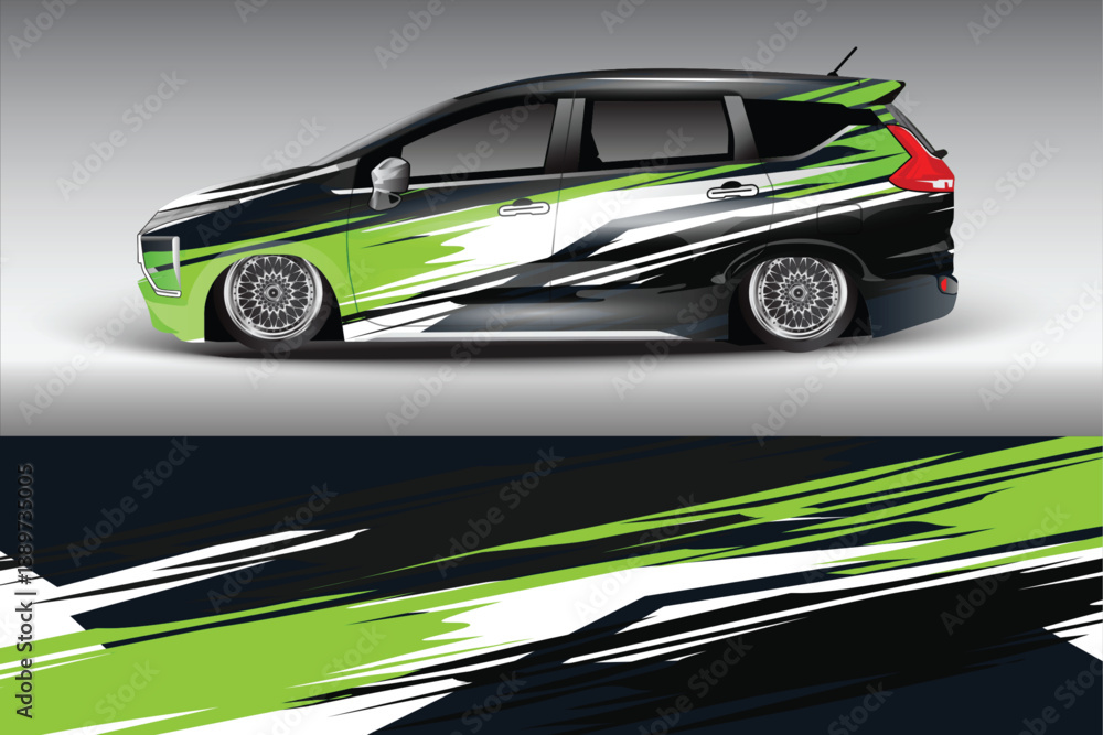 Sleek modified car with vibrant green and black graphics parked against a gradient background Sleek modified car with vibrant green and black graphics parked against a gradient background