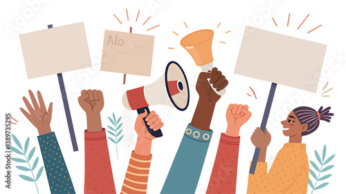 Diverse hands raised in protest, carrying signs and a megaphone.