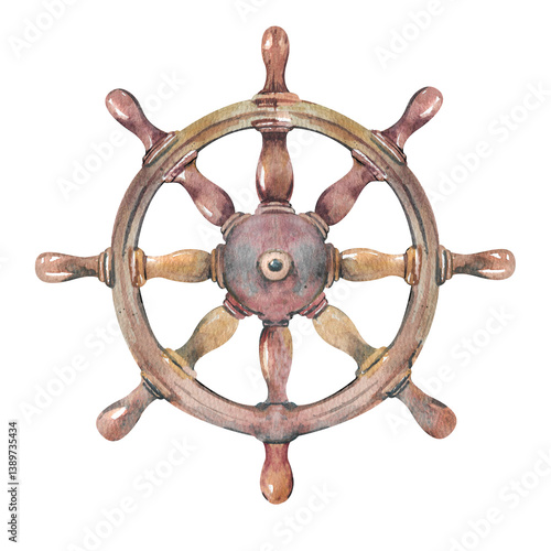 Ship steering wheel hand drawn watercolor illustration isolated on white background