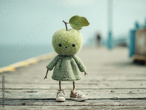 Cute apple-headed doll in green outfit and sneakers standing on wooden pier with leaf hat perfect for kids products, toys and playful branding