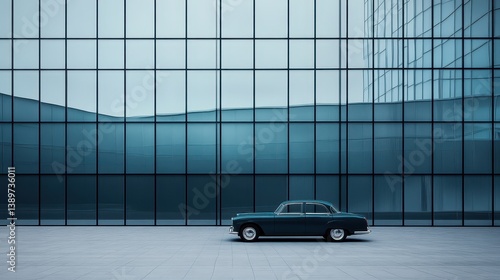A vintage car stands elegantly on a smooth surface, set against a backdrop of a contemporary glass structure. The reflections create a striking visual interplay of old and new design elements