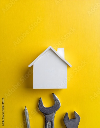 DIY Home Repair Tools with Mini House – Real Estate and Maintenance Concept