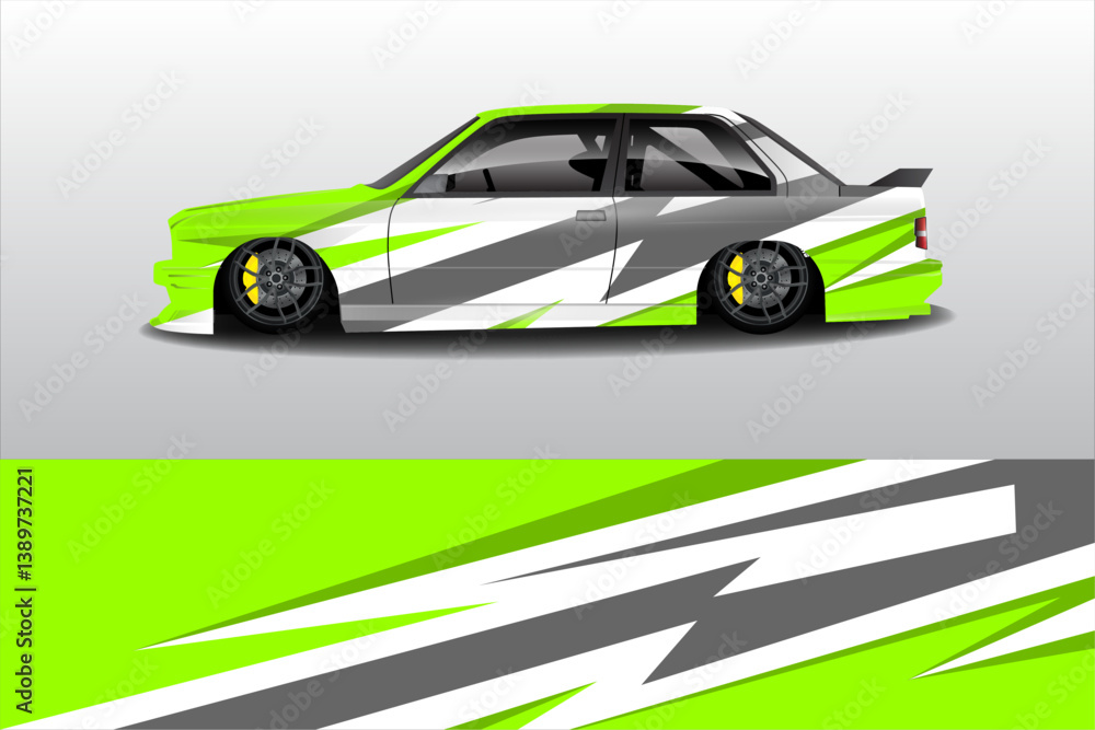 Sleek modified car with vibrant green and gray graphics, showcasing a low stance against a minimalist background Sleek modified car with vibrant green and gray graphics, showcasing a low stance against a minimalist background