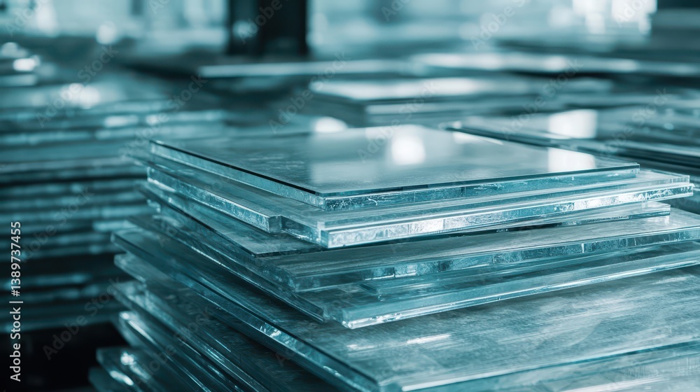 Stacks of clear glass panels are arranged methodically in a factory environment, illuminated by natural light filtering through large windows, showcasing precision and order Stacks of clear glass panels are arranged methodically in a factory environment, illuminated by natural light filtering through large windows, showcasing precision and order