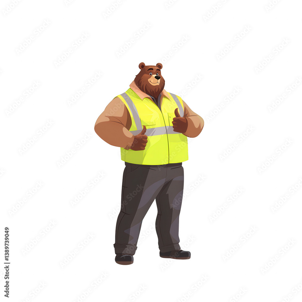Fototapeta premium A cartoon bear character wearing a yellow safety vest and showing a thumbs up gesture. The bear stands confidently against a white isolated background.