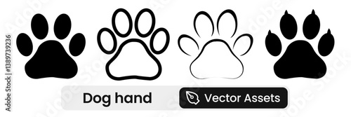 Set of smeared footprint of large dog icon. Collection of old black, traces with jagged edges, mud rubbed footprint ferocious animal running after prey. Hand vector painted with a brush