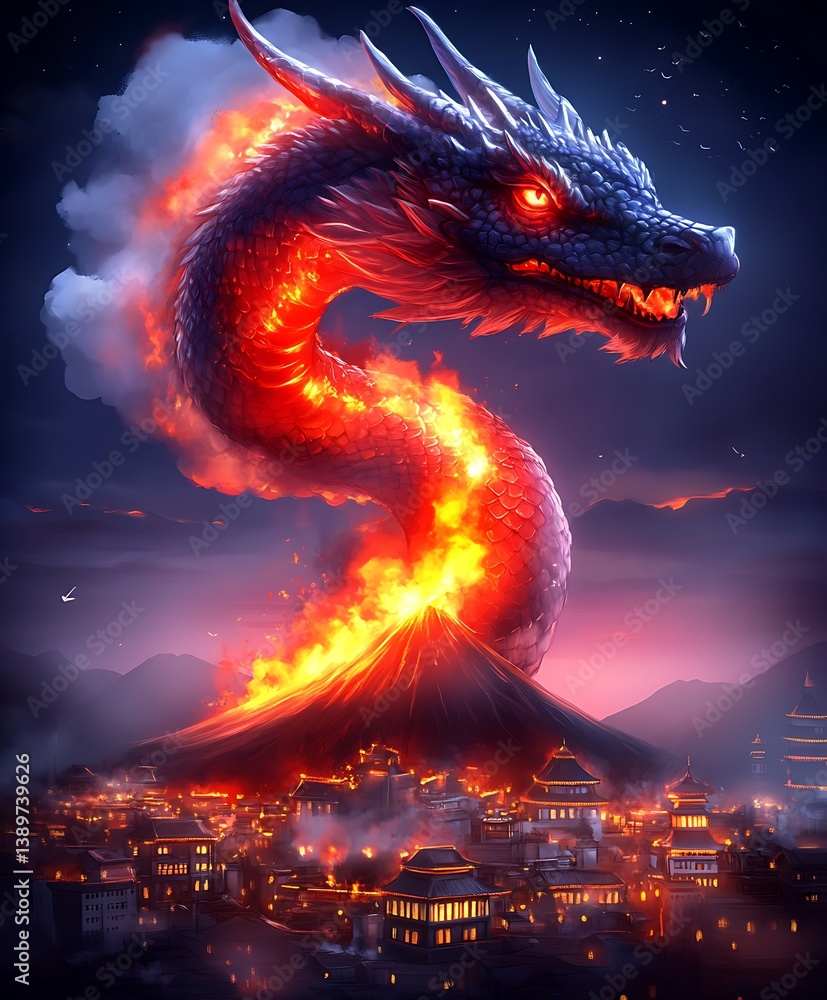 An incredible illustration depicting a flaming dragon over a village
