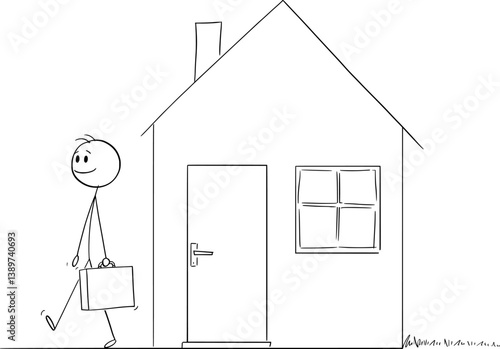 Person with suitcase is leaving the family house and going to work , vector cartoon stick figure or character illustration.