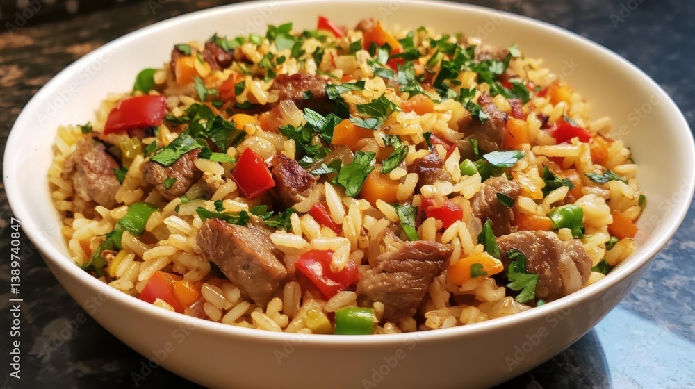 Spiced pilaf, meat, vegetables. Generative AI Spiced pilaf, meat, vegetables. Generative AI