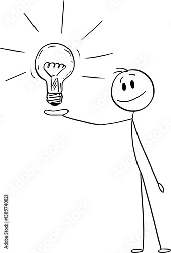 Person showing or presenting idea or creativity , vector cartoon stick figure or character illustration.