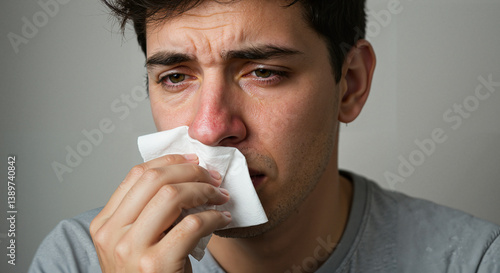 Man with dark hair blowing nose due to nose congestion