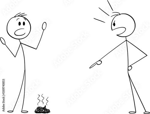 Blaming who made the excrement on the ground, vector cartoon stick figure or character illustration.