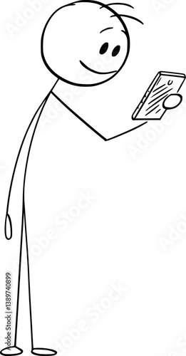 Happy smiling person looking at mobile phone , vector cartoon stick figure or character illustration.