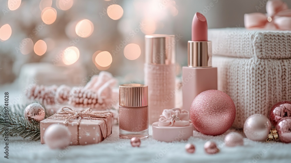 Fototapeta premium Festive makeup and gift set, soft pink hues
