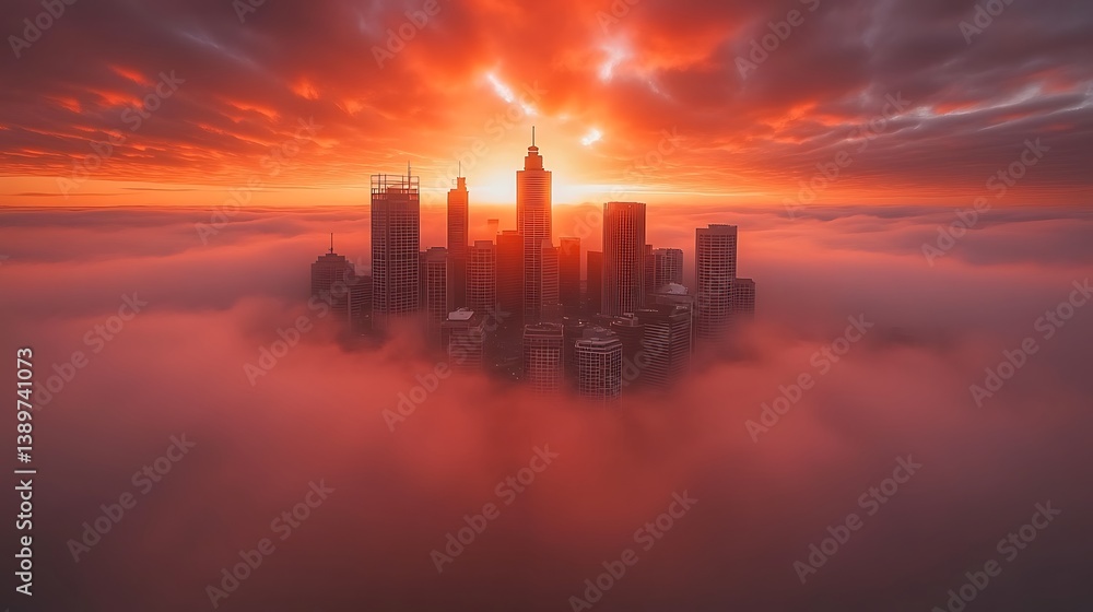 Tall buildings emerge from the cloud cover under an orange sunset sky Tall buildings emerge from the cloud cover under an orange sunset sky