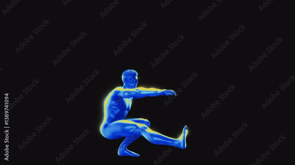 A looping animation of a male 3D character performing pistol dips, rendered in a shimmering iridescent style with an embedded alpha for easy drag and drop.
