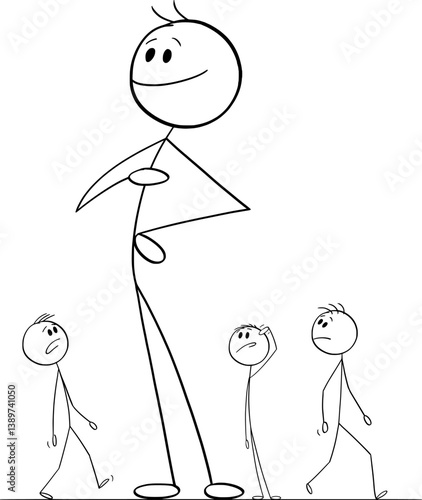 Big person or giant standing between average people , vector cartoon stick figure or character illustration.