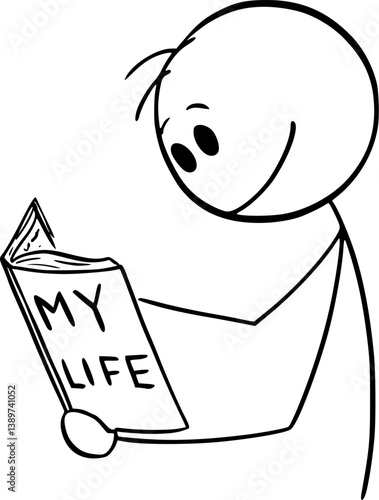 Person reading in book of his life, vector cartoon stick figure or character illustration.