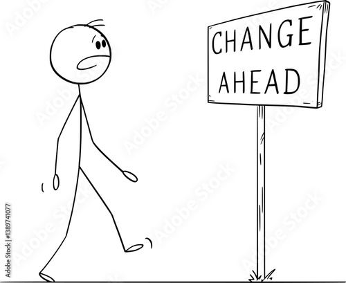 Person walking and facing a change ahead , vector cartoon stick figure or character illustration.
