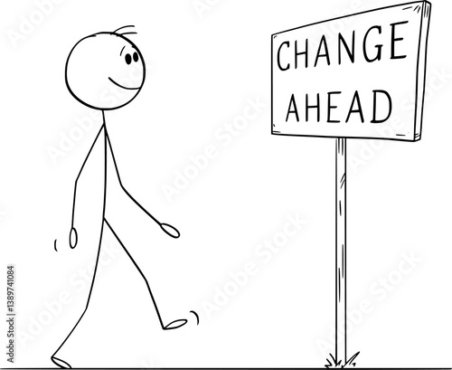 Person walking and facing a change ahead , vector cartoon stick figure or character illustration.
