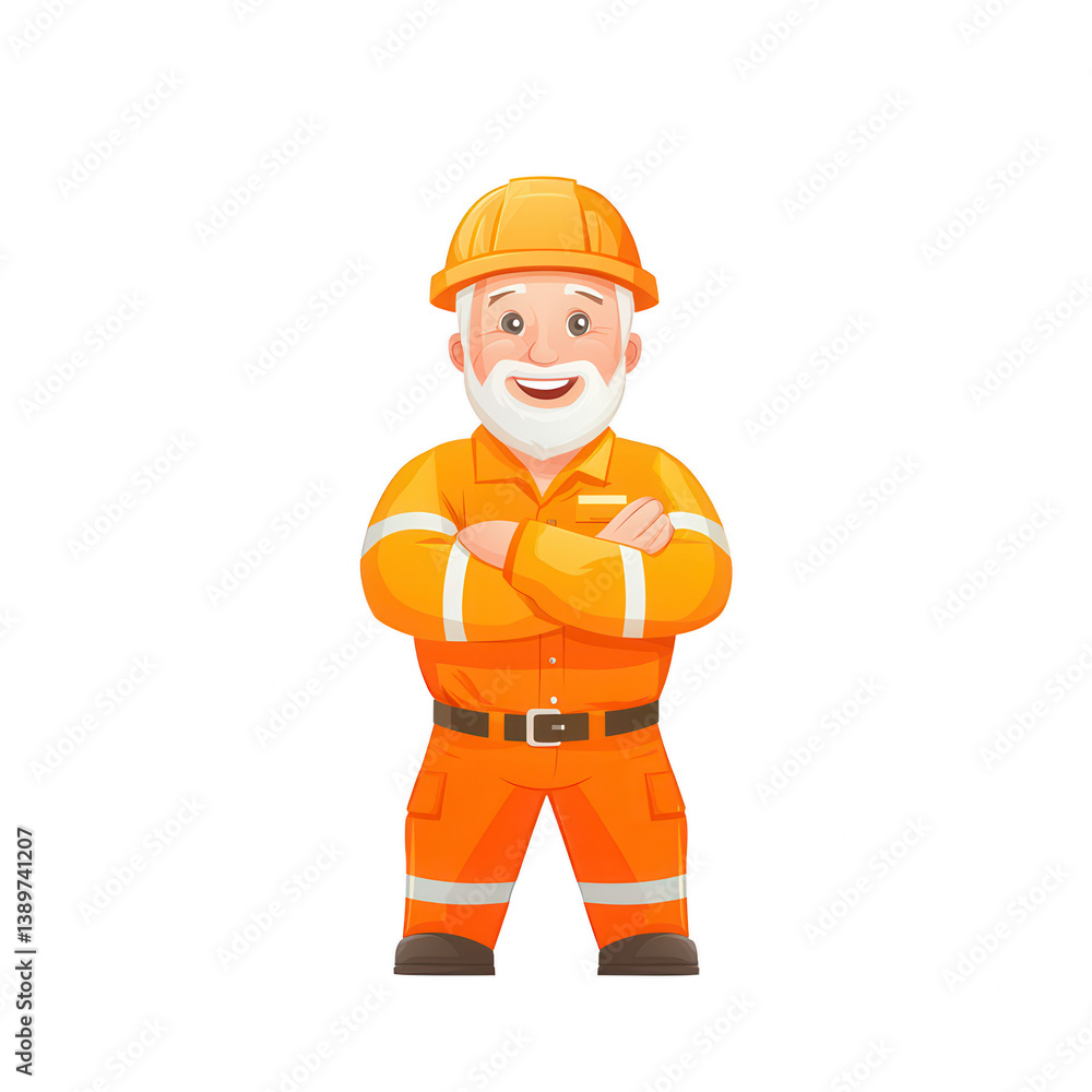 A cheerful cartoon construction worker in an orange uniform and helmet, standing confidently with arms crossed, isolated on a white background, ideal for construction themes. A cheerful cartoon construction worker in an orange uniform and helmet, standing confidently with arms crossed, isolated on a white background, ideal for construction themes.