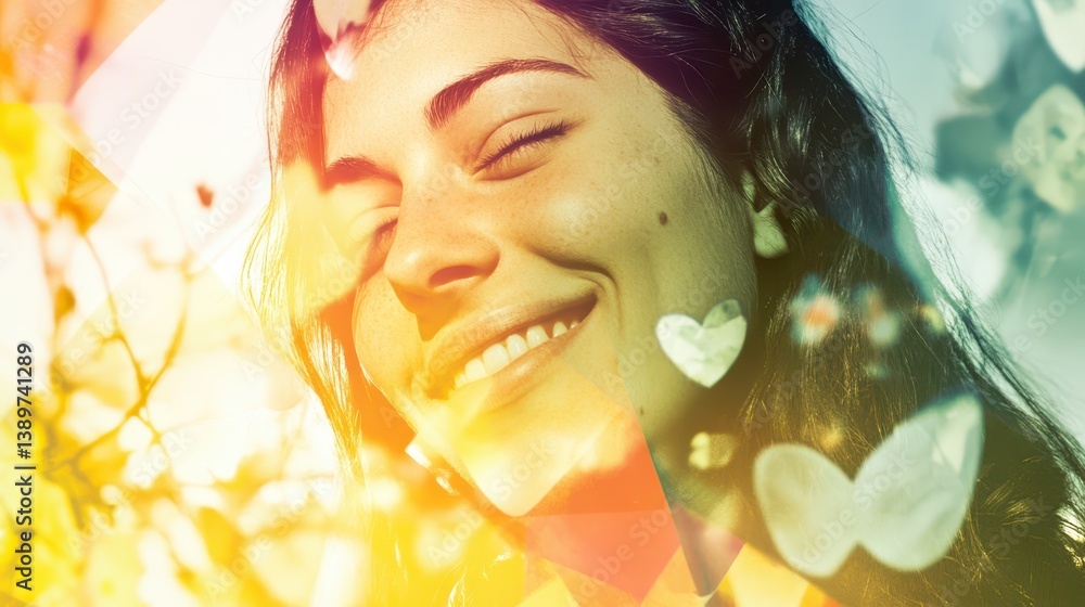 Fototapeta premium A joyful young woman smiles while basking in the warm sunlight at a park. Colorful light reflections dance around her, creating a vibrant atmosphere of happiness and peace