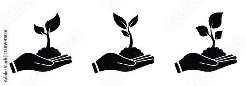 Hand holding a plant icon isolated on white background