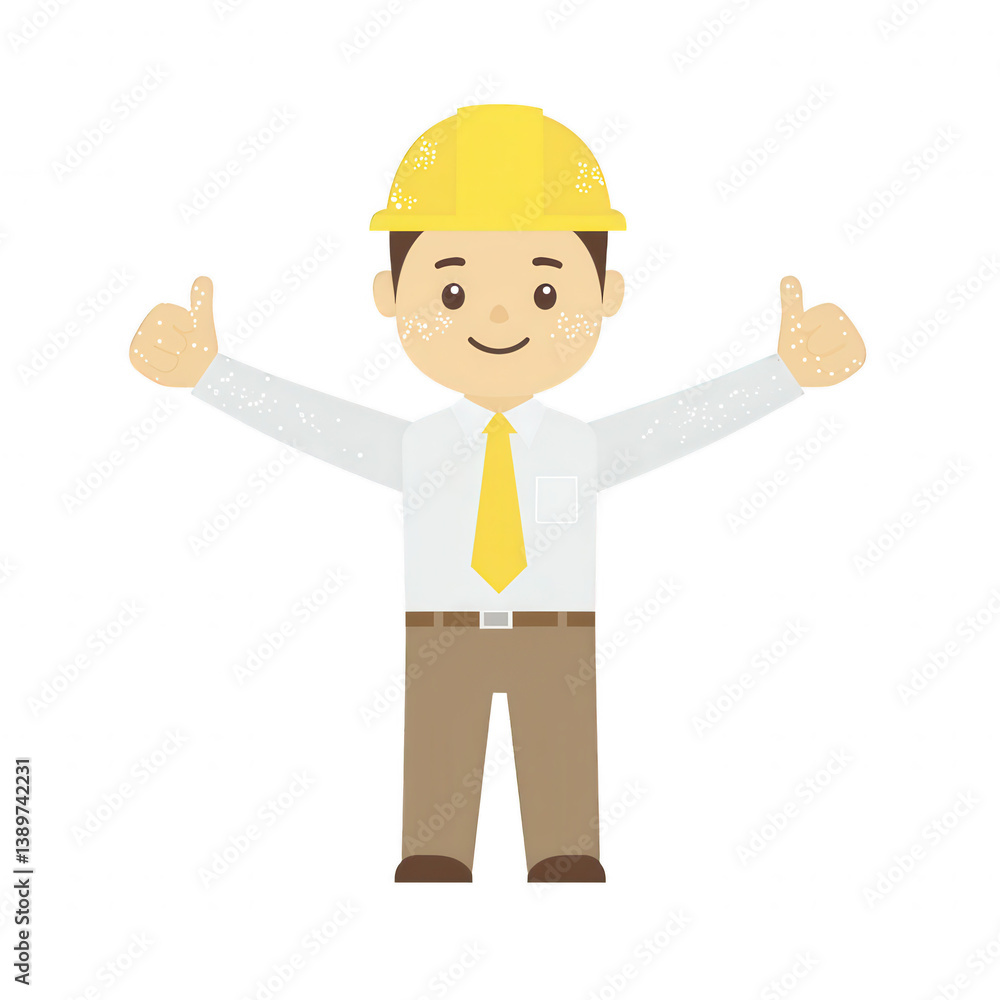 A cheerful construction worker in a yellow hard hat and tie, giving thumbs up with both hands. Ideal for construction, business, or teamwork themes.