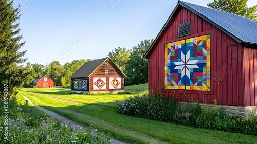 Colorful barn quilts displayed on barns near the farm showcasing artistic expression and rural heritage