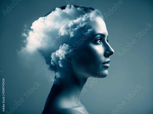 Woman with her head in a cloud. Brain fog, menopause memory loss, anxiety concept. generative ai