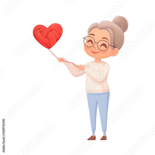A cheerful older woman holding a heart-shaped yarn balloon, symbolizing love and creativity, wearing glasses and a cozy sweater, ideal for art and nostalgia themes.