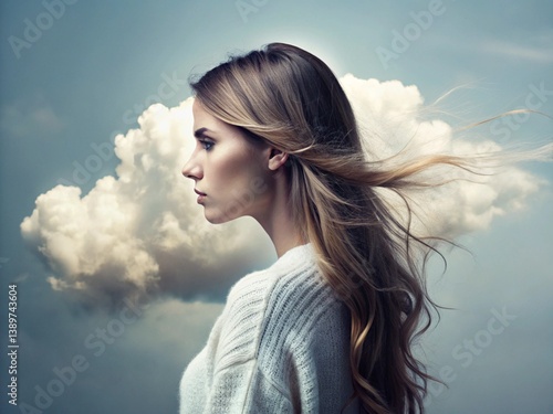 Woman with her head in a cloud. Brain fog, menopause memory loss, anxiety concept. generative ai