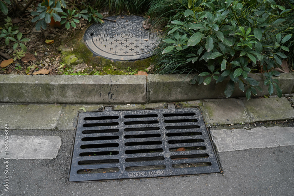 A gutter, a drain for rainwater on a pedestrian path
