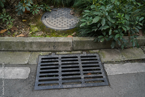 Obraz na płótnie A gutter, a drain for rainwater on a pedestrian path w salonie
