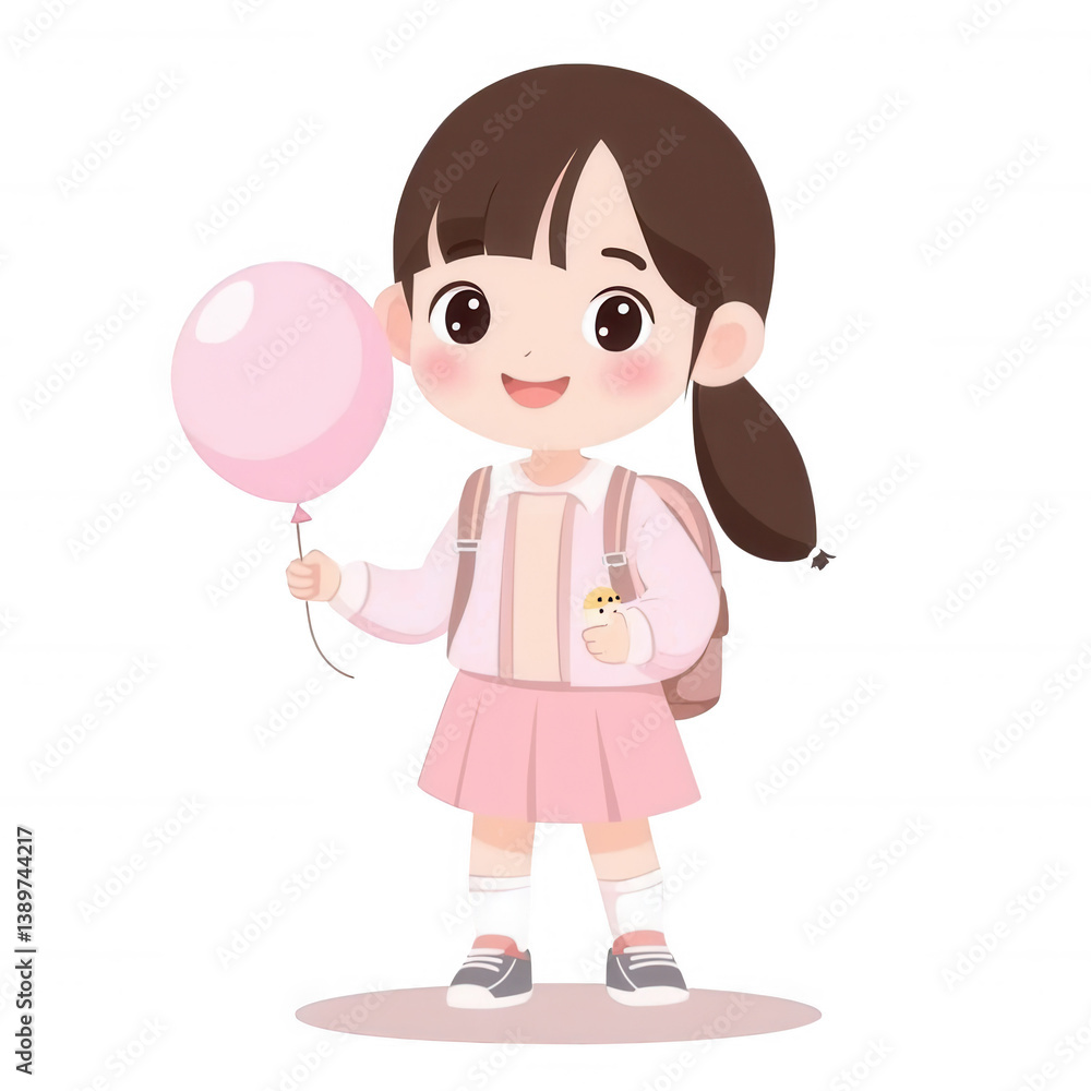 A cheerful young girl holding a pink balloon, dressed in a pink skirt and light jacket, smiling with a playful demeanor, perfect for children's themes or celebration concepts. A cheerful young girl holding a pink balloon, dressed in a pink skirt and light jacket, smiling with a playful demeanor, perfect for children's themes or celebration concepts.