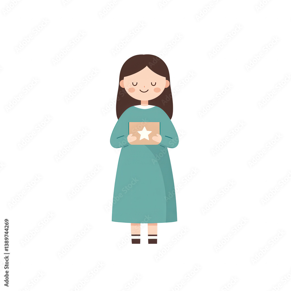 A cheerful young girl holding a star-shaped gift, wearing a teal dress. The illustration captures a joyful moment, perfect for conveying themes of celebration and happiness. A cheerful young girl holding a star-shaped gift, wearing a teal dress. The illustration captures a joyful moment, perfect for conveying themes of celebration and happiness.