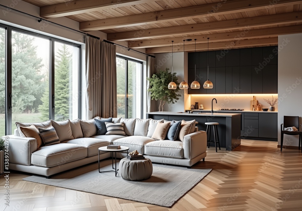 Fototapeta premium luxury cozy apartment interior living room with skandinavian elements and kitchen with parquet floor and ceiling with beams of coniferous wood and big windows