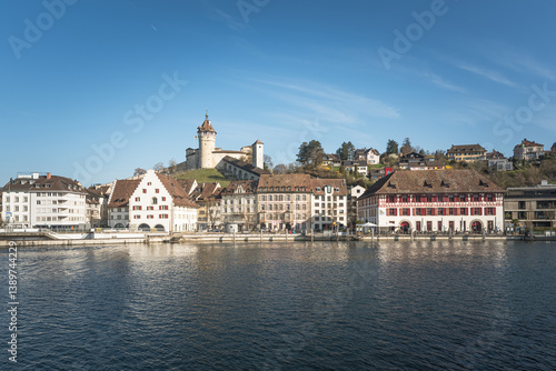 View of the Rhine River toward the promenade, the old town, and the Munot fortress, Schaffhausen, Canton of Schaffhausen, Switzerland