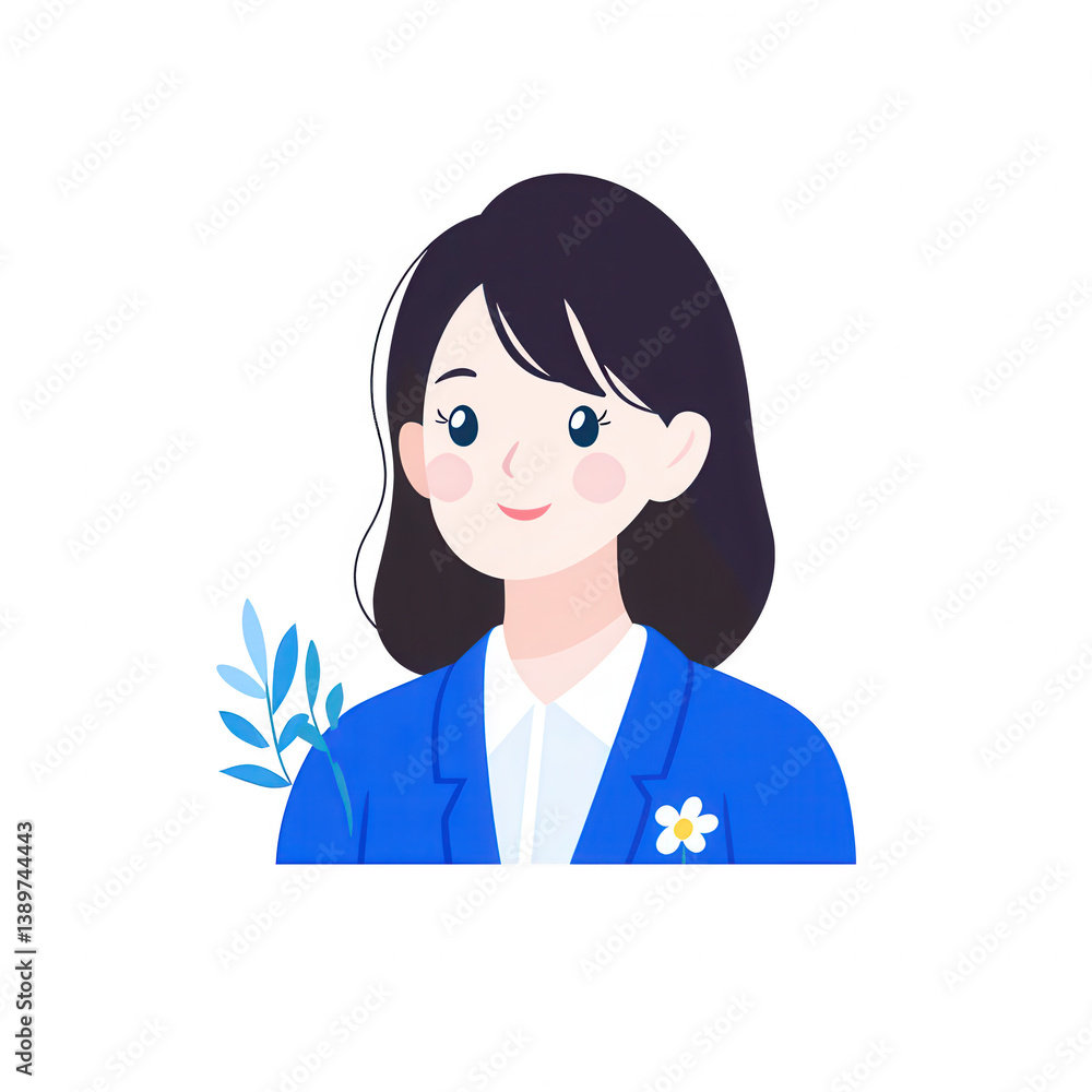 A cheerful young woman with dark hair, wearing a blue blazer and white shirt, smiling against a white isolate background with a decorative leaf element. A cheerful young woman with dark hair, wearing a blue blazer and white shirt, smiling against a white isolate background with a decorative leaf element.