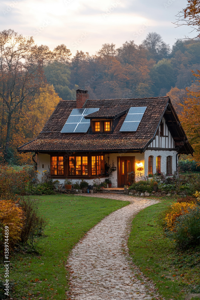 Charming cottage with solar panels in autumn landscape surrounded by colorful trees and cozy warm lights